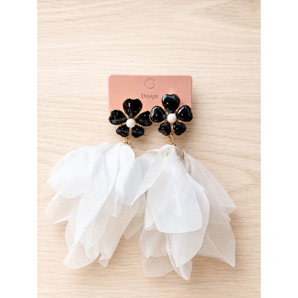 Black White Floral Statement Earrings Gold Tone Fabric Petal Dangle Drop